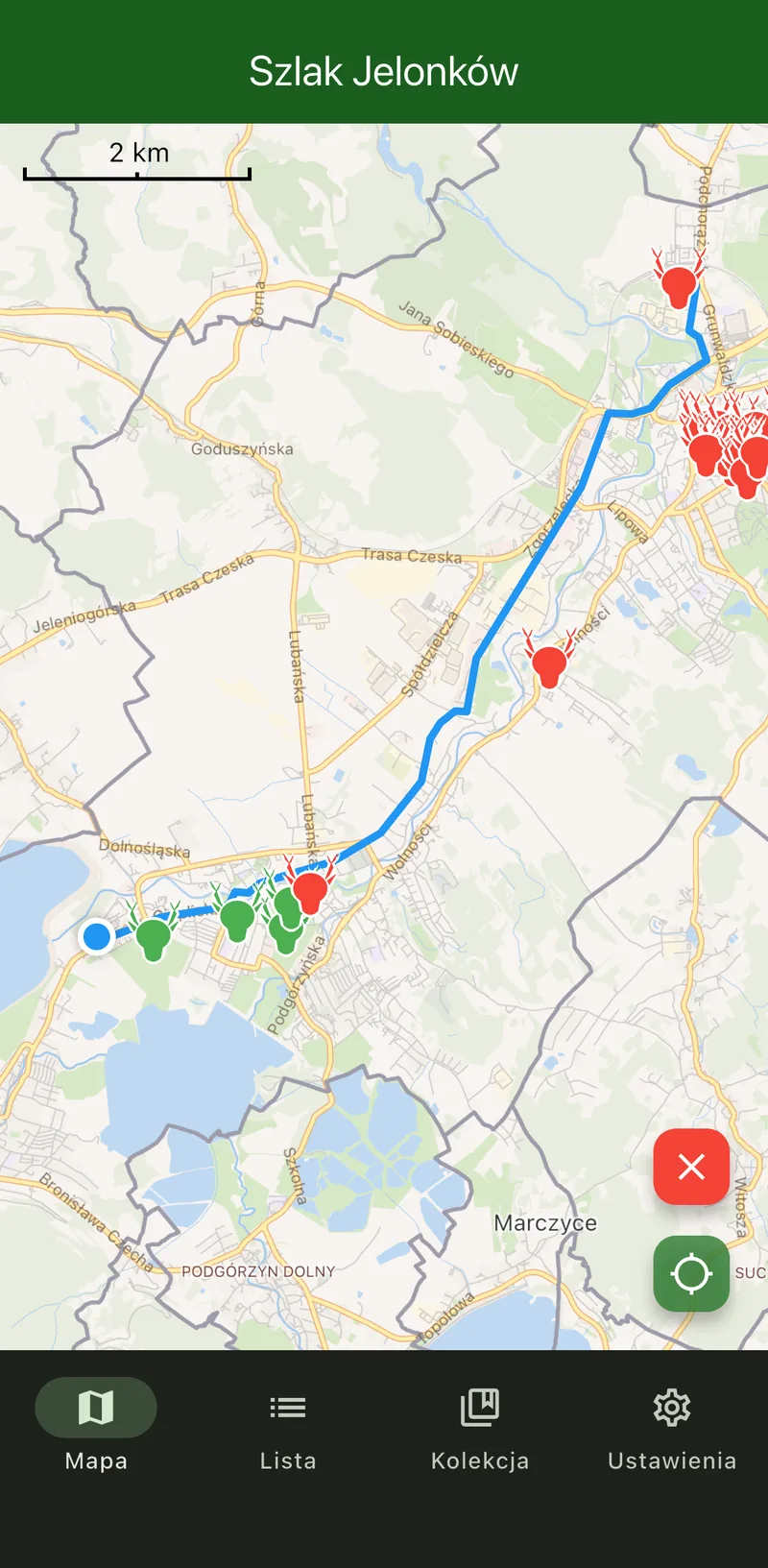 Map of Szlak Jelonków with deer pins and navigation