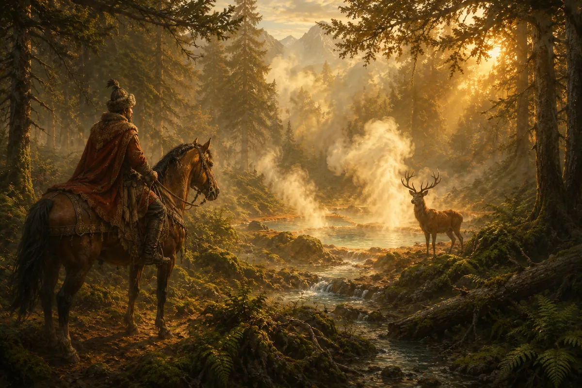 A duke and a deer by the steaming hot springs of Cieplice